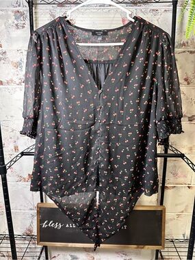 Haver London Black Cherry V-Neck Blouse with Tie